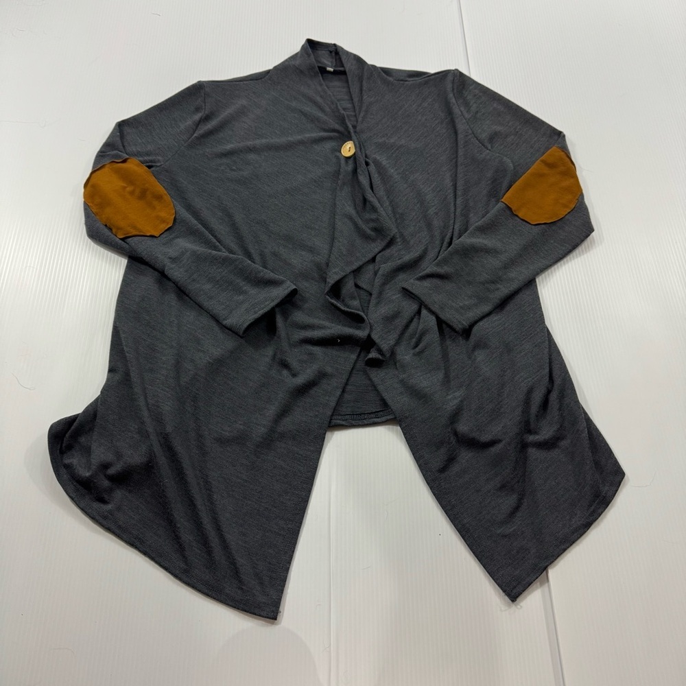 378. Women’s Charcoal Cardigan with Brown‎ Elbow Patches (M)